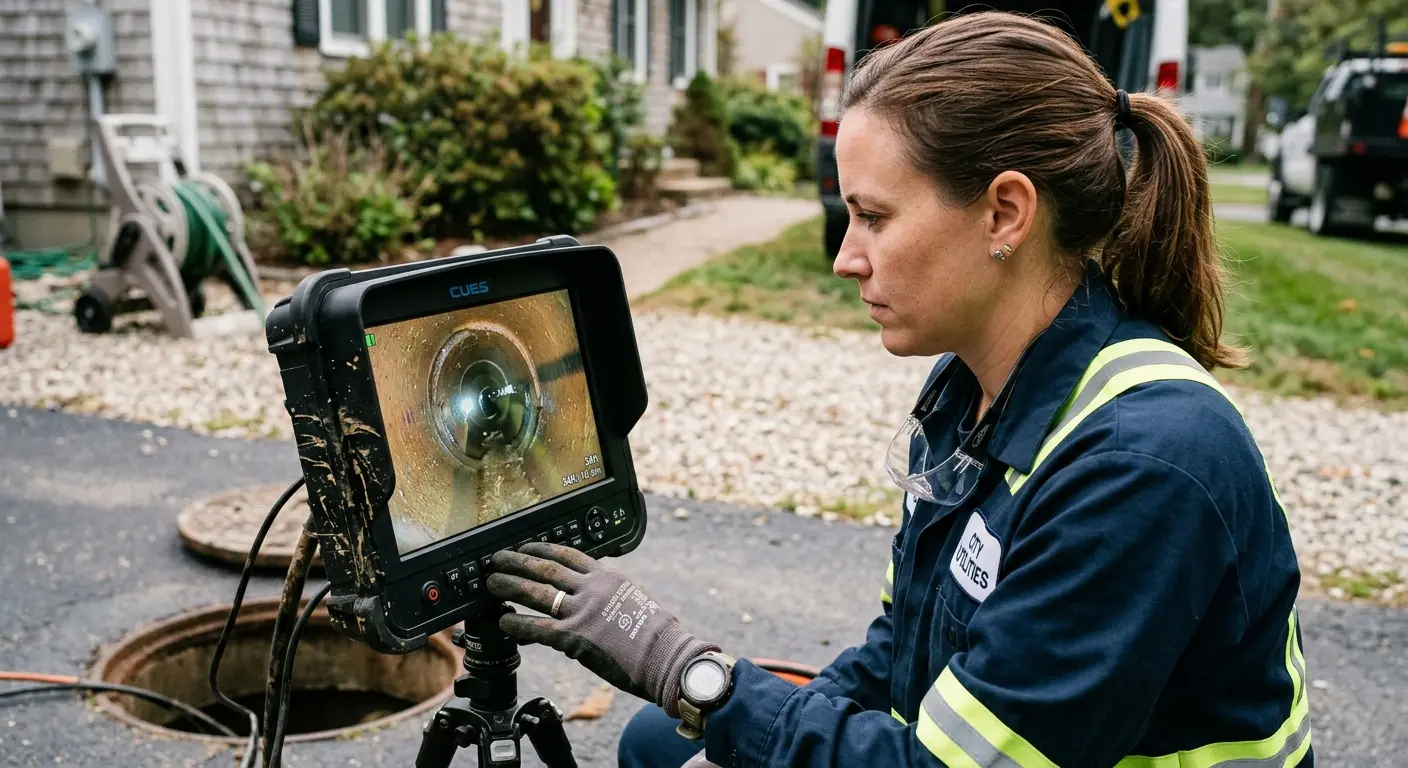 Technician reviewing sewer camera inspection footage in Mansfield