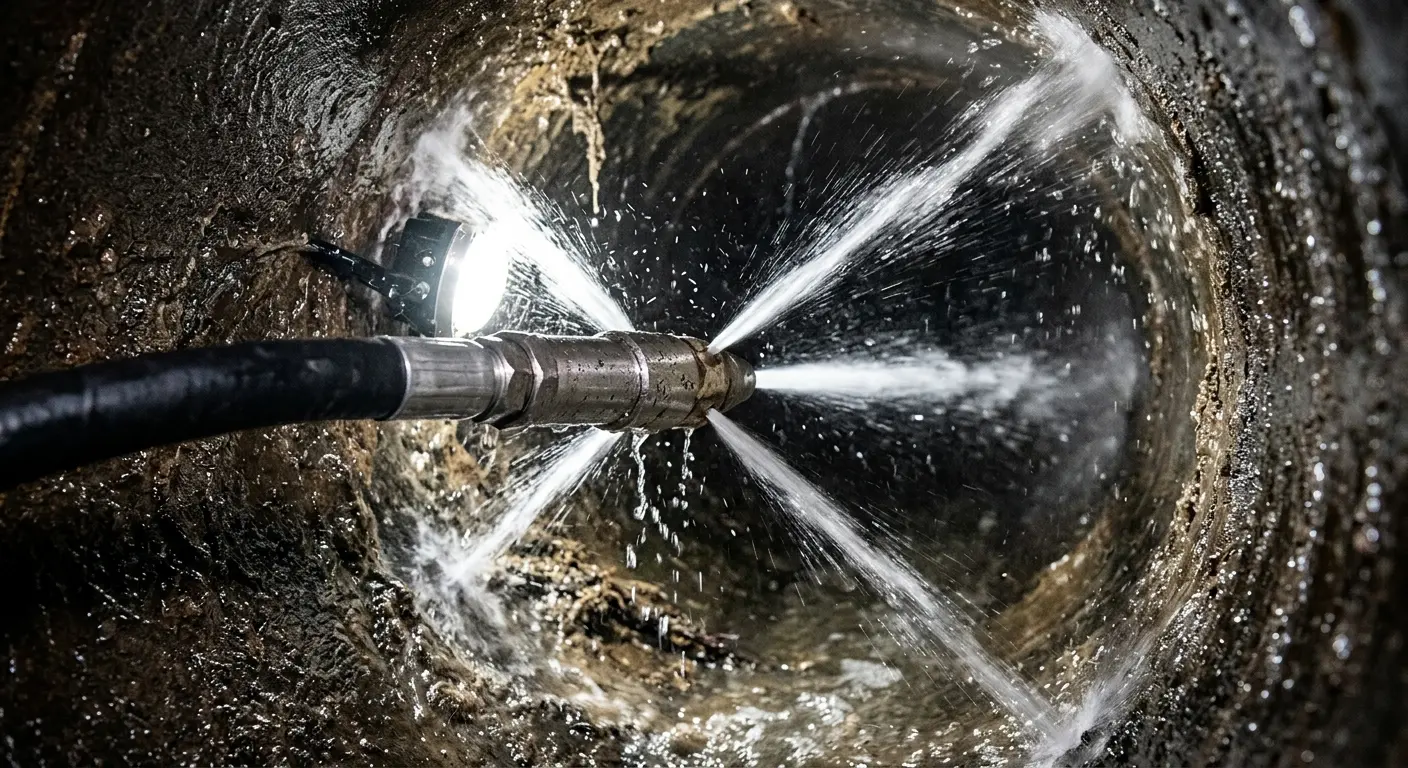 High-pressure hydro jetting nozzle cleaning sewer pipe for Trenchless Sewer Repair in Mansfield