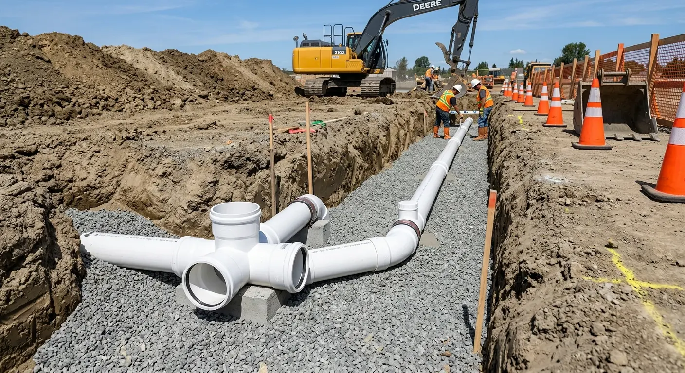 New PVC sewer pipe installation in open trench for Commercial Drain Cleaning in Mansfield