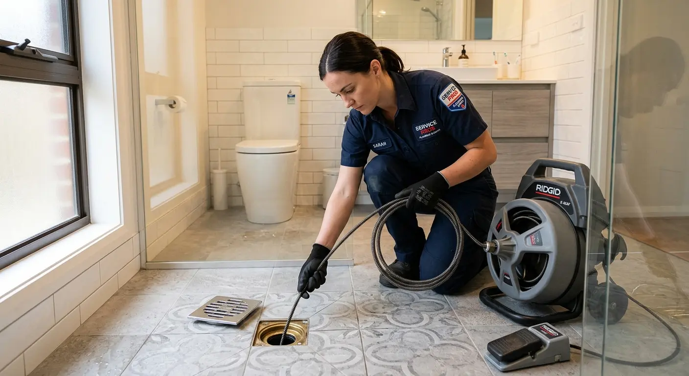 Technician clearing a bathroom floor drain for Sewer Line Replacement in Mansfield